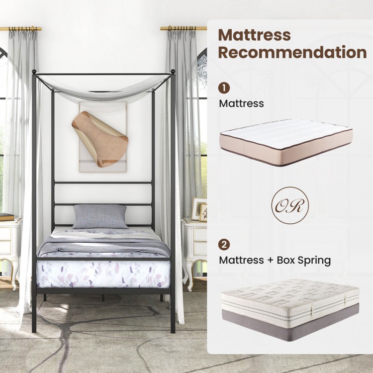 Twin size metal canopy bed frame with slat support, sturdy design, and 12.5" clearance for storage, ideal for elegant.