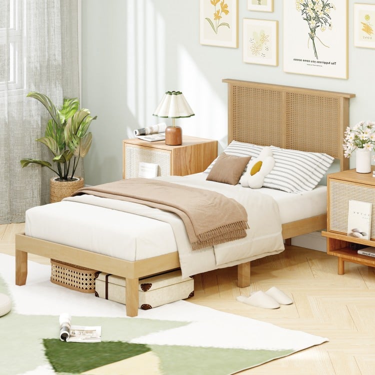 Twin size bed frame featuring a boho rattan headboard, solid rubber wood legs, and ample under-bed storage space.