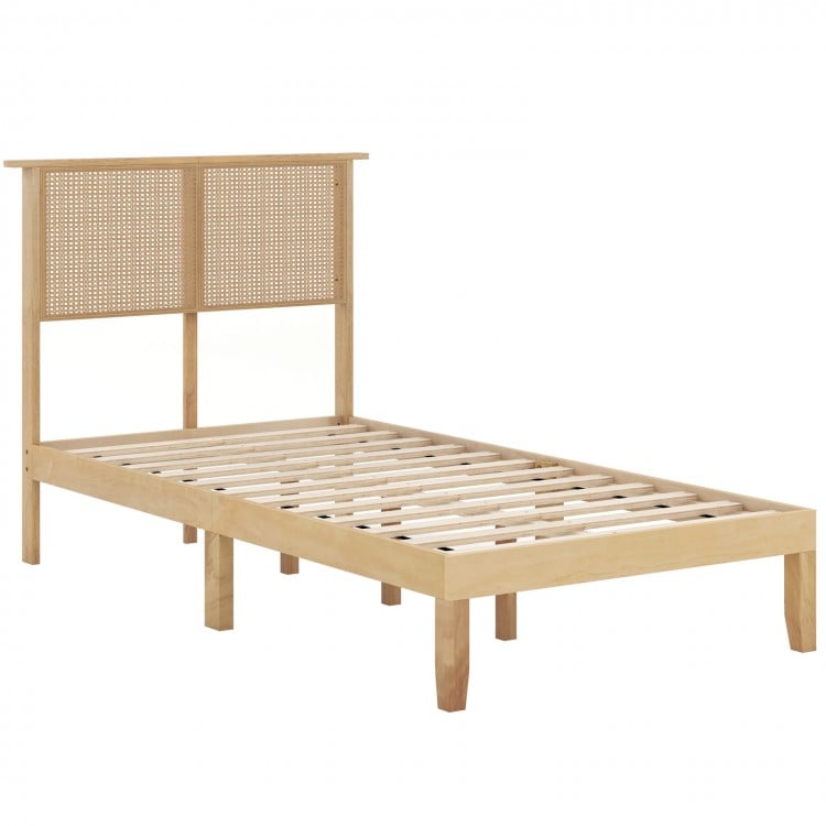 Twin size bed frame with boho rattan headboard, solid rubber wood legs, and plywood slats for sturdy mattress support.