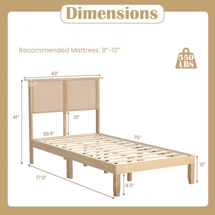 Twin size bed frame with rattan headboard, solid rubber wood legs, and plywood slats for sturdy mattress support.
