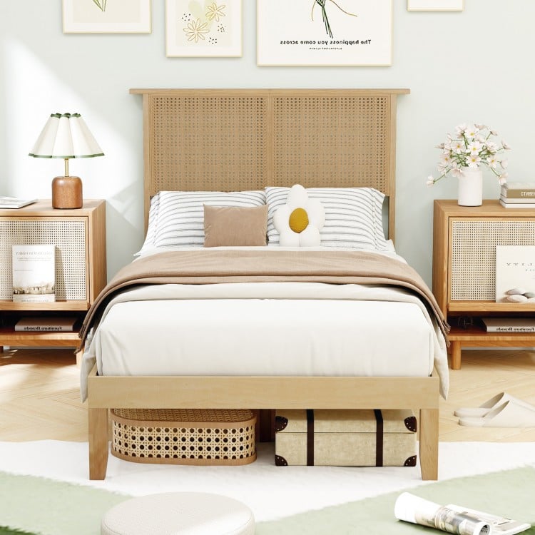 Twin size bed frame with boho rattan headboard, solid rubber wood legs, and ample under-bed storage for shoes and boxes.