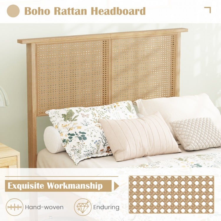Boho rattan headboard in twin size, featuring hand-woven design and sturdy rubber wood support for lasting durability.