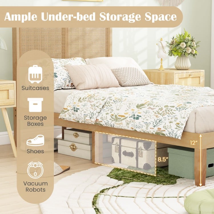 Twin/Full/Queen size bed frame with rattan headboard and ample under-bed storage for suitcases and shoes.