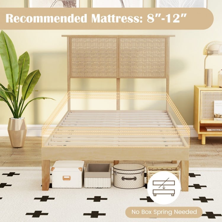 Twin size bed frame with boho rattan headboard, sturdy plywood slats, and ample under-bed storage for organization.
