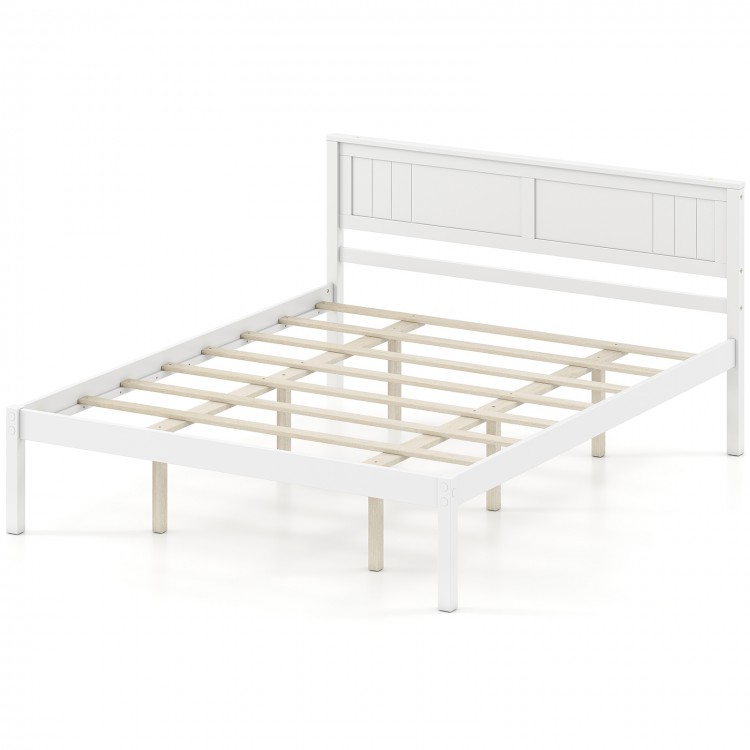 Queen size sturdy wooden bed frame with headboard, slat support, and 12" under bed storage for a tidy room.