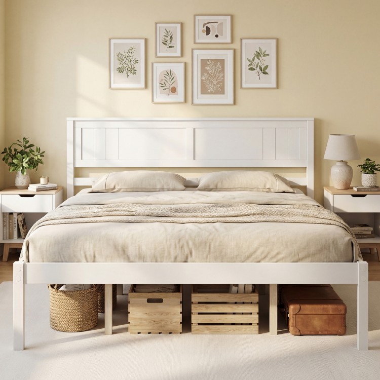 Queen size sturdy wooden bed frame with headboard, slat support, and 12" under-bed storage for a tidy room.
