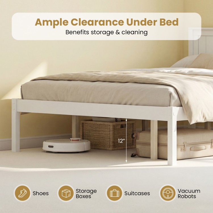 Sturdy queen size wooden bed frame with 12" under bed clearance for storage, featuring a classic finish and slat.