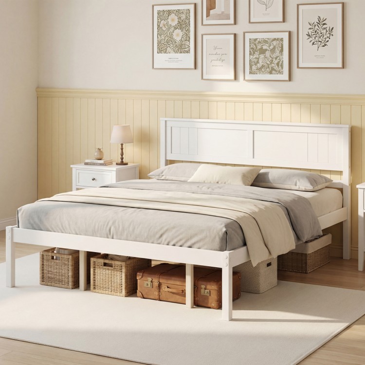 Queen size wooden bed frame with headboard, slat support, and 12" under bed storage for a tidy bedroom.