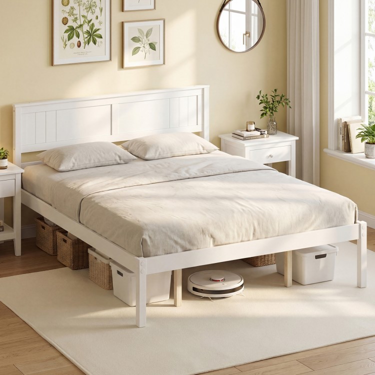 Queen size sturdy wooden bed frame with headboard, slat support, and under-bed storage for a tidy bedroom.