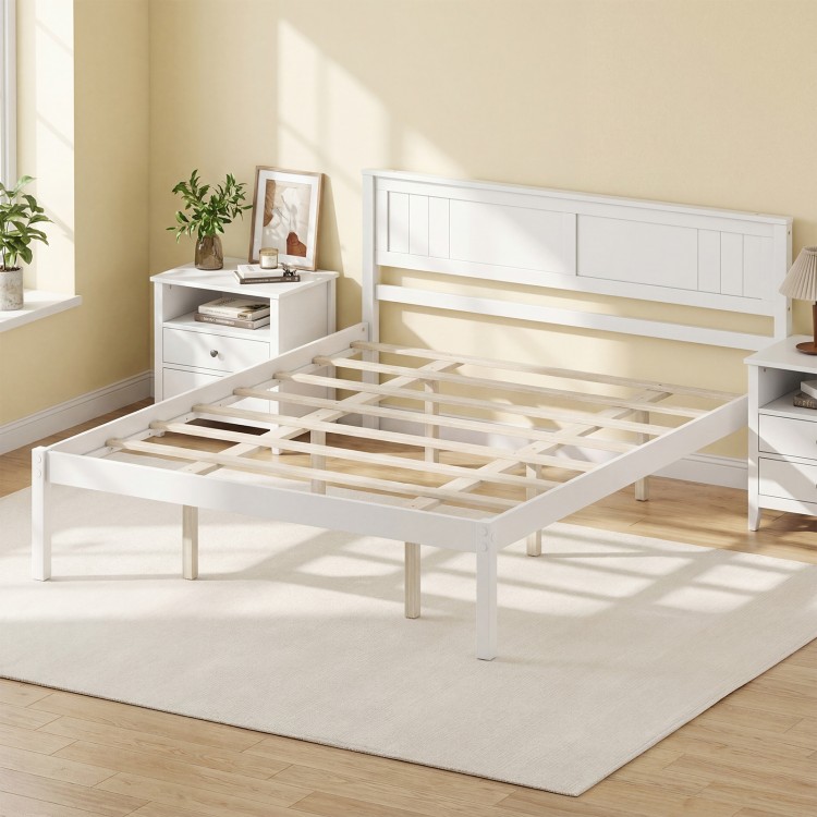 Queen size sturdy wooden bed frame with headboard and slat support, featuring a classic finish and under-bed storage.