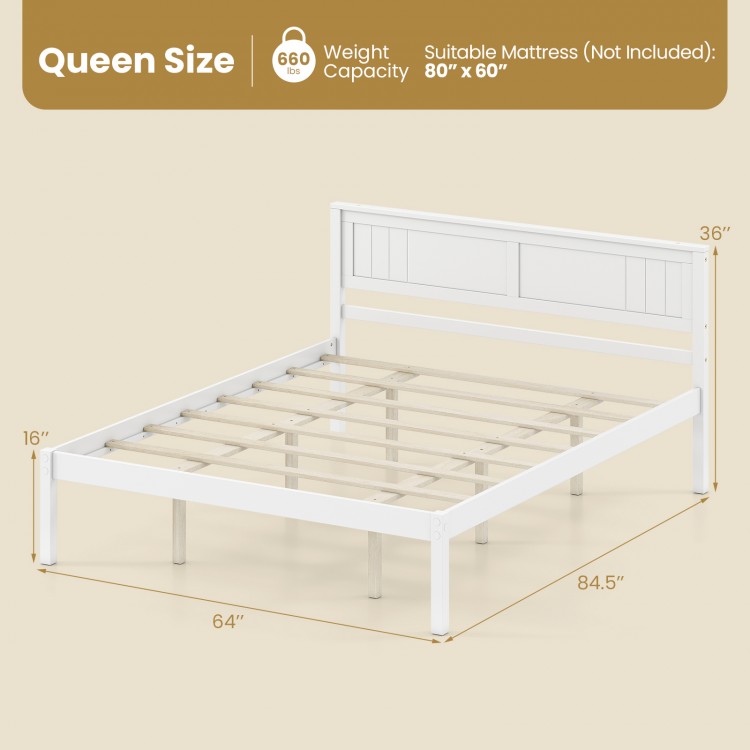 Queen size wooden bed frame with headboard, slat support, and 12" under bed storage for a tidy room.
