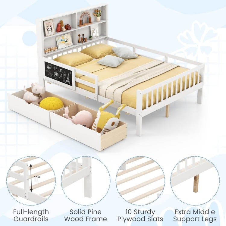 Twin/Full size bed frame with bookcase, solid pine wood, 2 drawers, guardrails, and writable blackboard for kids' rooms.