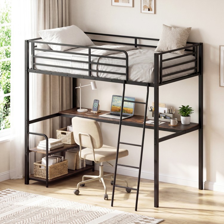 Twin loft bed in rustic brown with desk, shelves, and sturdy metal frame, perfect for kids and adults in small spaces.