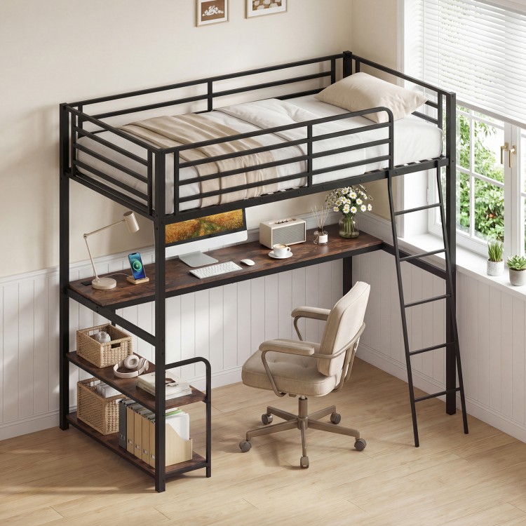 Twin loft bed in rustic brown with desk and shelves, featuring a sturdy metal frame and ample under-bed storage.