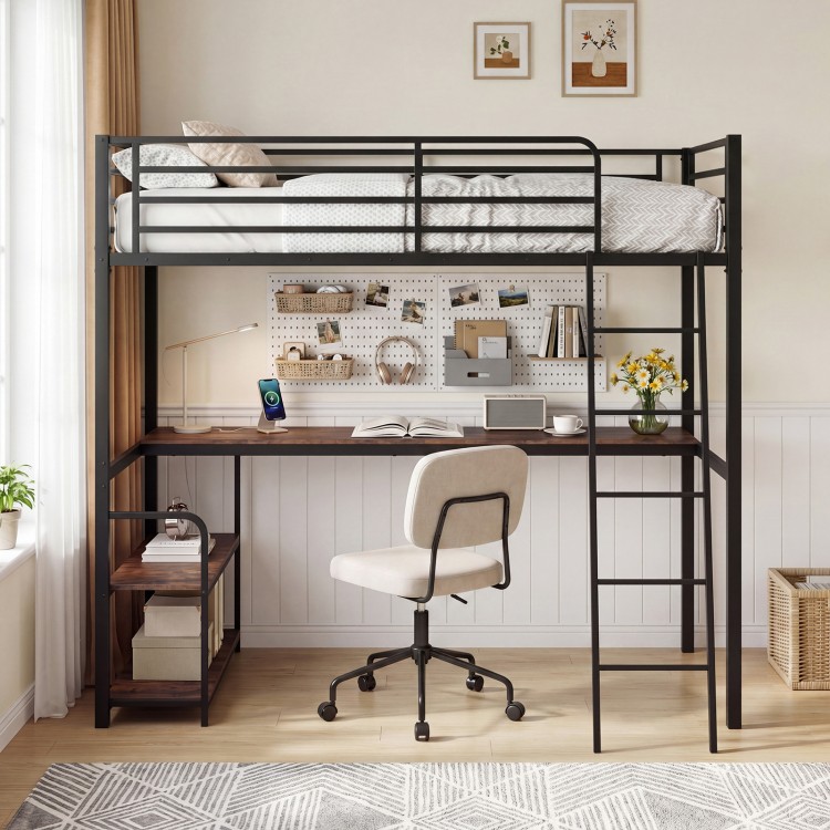 Twin loft bed in rustic brown with desk and shelves, featuring USB ports and ample under-bed storage for space-saving.