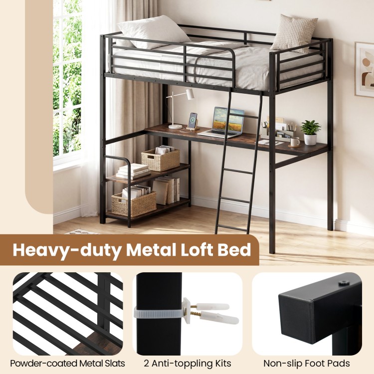 Twin loft bed in rustic brown with desk and shelves, featuring powder-coated metal slats and ample under-bed storage.