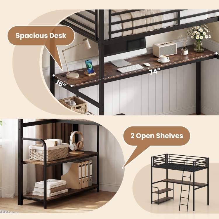 Twin loft bed with spacious desk and two open shelves in rustic brown, ideal for kids and adults in small spaces.