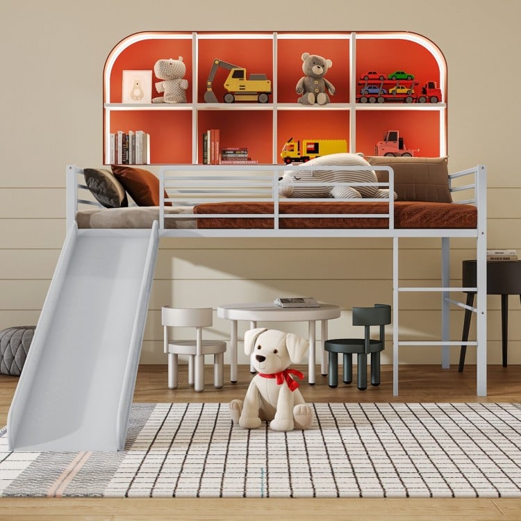 Twin metal loft bed with slide, safety guardrails, and built-in ladder in silver, perfect for kids' rooms and fun play.