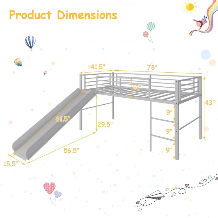 Twin metal loft bed with slide, safety guardrails, and built-in ladder, dimensions for kids' room space-saving design.