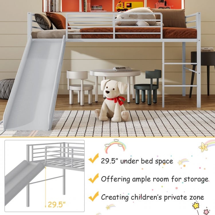 Twin metal loft bed with slide, safety guardrails, and built-in ladder in silver, ideal for kids' rooms and storage.