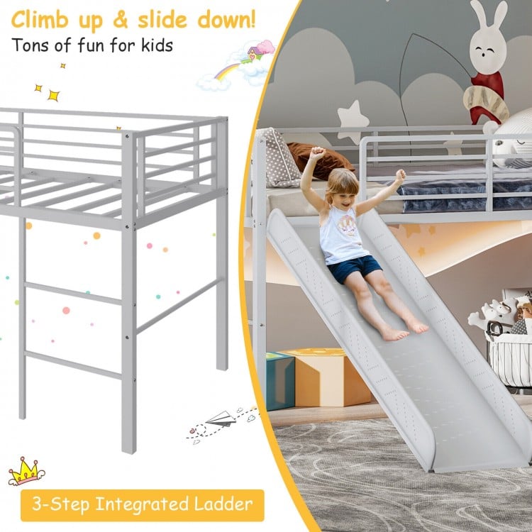 Twin metal loft bed in silver with slide, built-in 3-step ladder, and safety guardrails for kids' fun and safety.