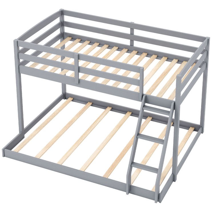 Twin over full gray bunk bed frame with solid pine wood, guardrails, and integrated ladder for kids' rooms or guest.