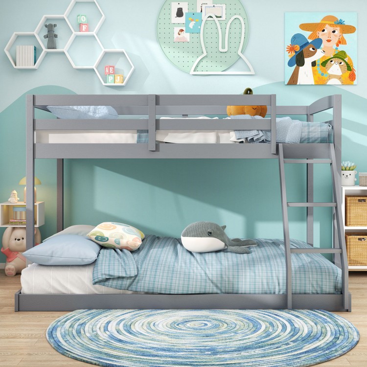 Gray twin over full bunk bed frame with solid pine wood, integrated ladder, and low-to-ground design for kids' rooms.