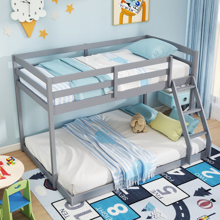 Twin over full gray bunk bed frame with solid pine wood, integrated ladder, and full-length guardrails for kids' rooms.