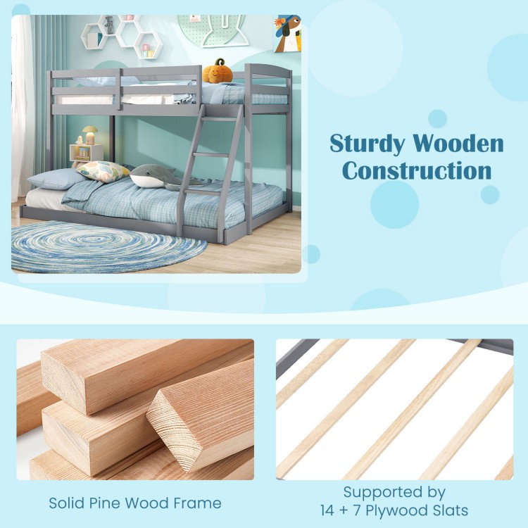 Twin over full bunk bed frame in gray with solid pine wood, featuring guardrails and integrated ladder for safety.