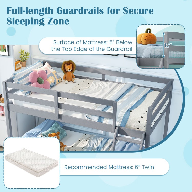 Twin over full bunk bed frame in gray with full-length guardrails and integrated ladder for secure sleeping.