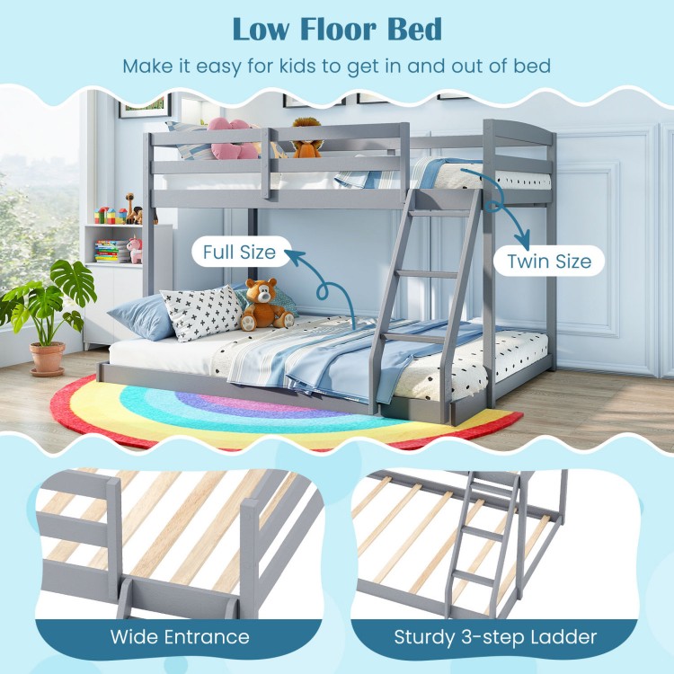 Twin over full low floor bunk bed frame in gray with sturdy ladder and wide entrance for easy access and safety.