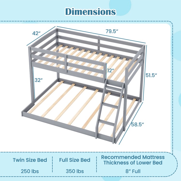 Twin over full bunk bed frame in gray with dimensions, featuring a solid pine wood structure and integrated ladder.