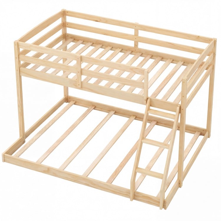 Twin over full low floor bunk bed frame in natural pine wood with integrated ladder and full-length guardrails for.