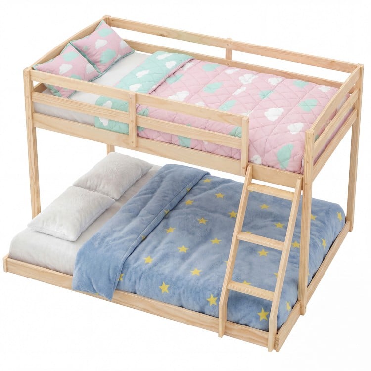 Twin over full bunk bed frame in natural pine wood with integrated ladder and guardrails, perfect for kids' rooms.