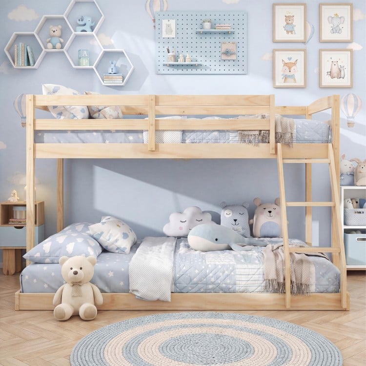 Twin over full bunk bed frame in natural pine wood, featuring guardrails and integrated ladder, ideal for kids' rooms.