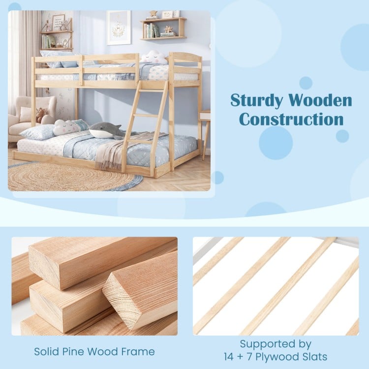 Twin over full bunk bed frame in natural finish, made of solid pine wood with sturdy slats for kids' rooms or guest.