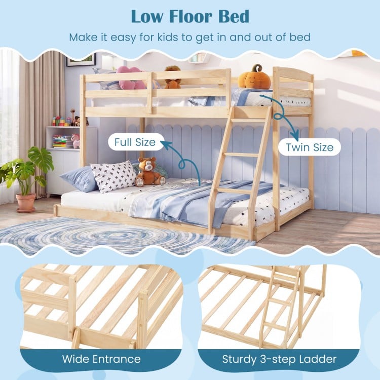 Twin over full low floor bunk bed frame in natural wood, featuring sturdy 3-step ladder and wide entrance for easy.