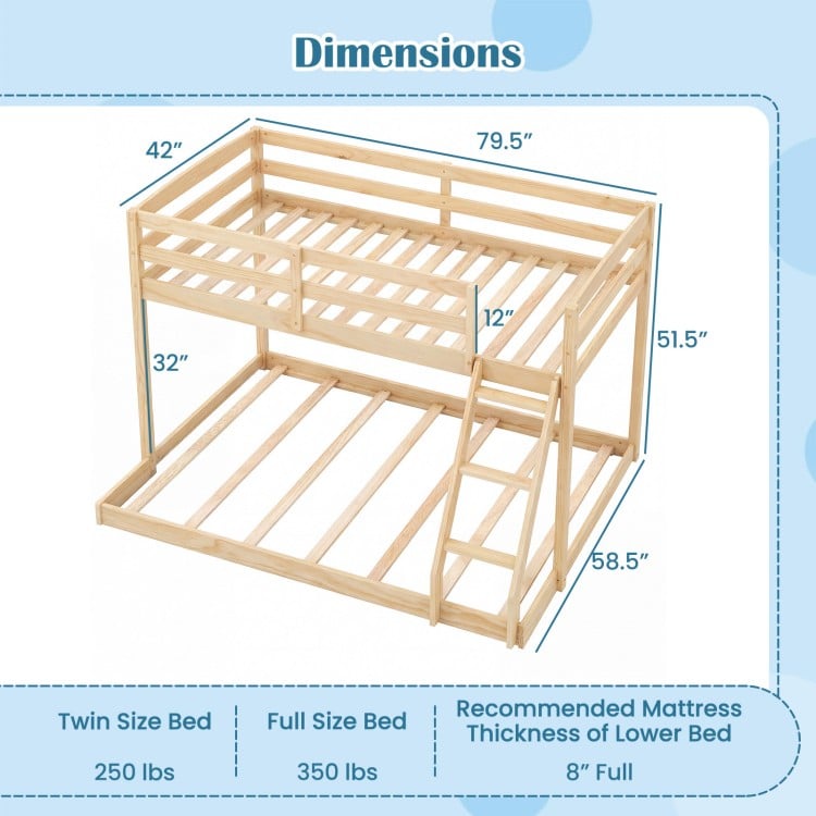 Twin over full bunk bed frame in natural pine wood, featuring a low floor design and integrated ladder for easy access.
