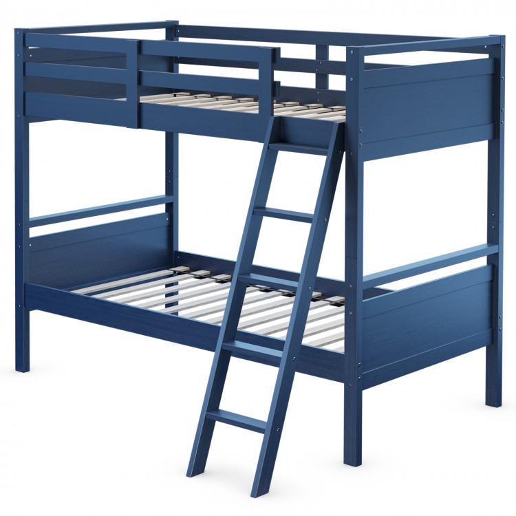 Navy twin over twin bunk bed with a sturdy wooden frame and inclined ladder, perfect for children's rooms and small.