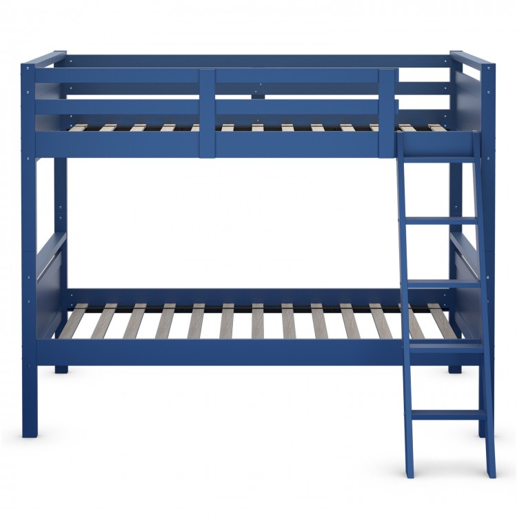 Navy twin over twin bunk bed with high guardrails and inclined ladder, convertible into two individual beds for.