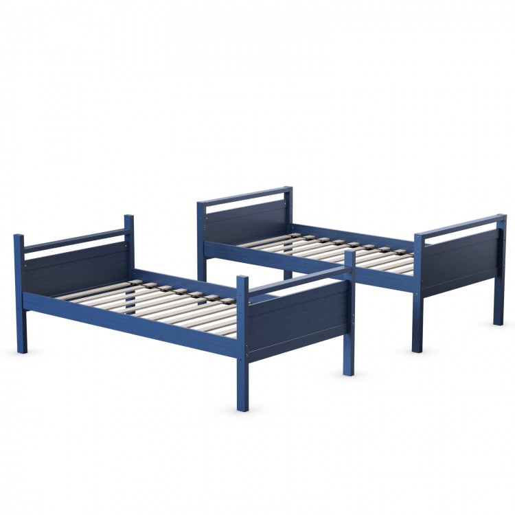 Twin over twin bunk bed in navy, convertible to two individual beds, crafted from durable wood for children's rooms.
