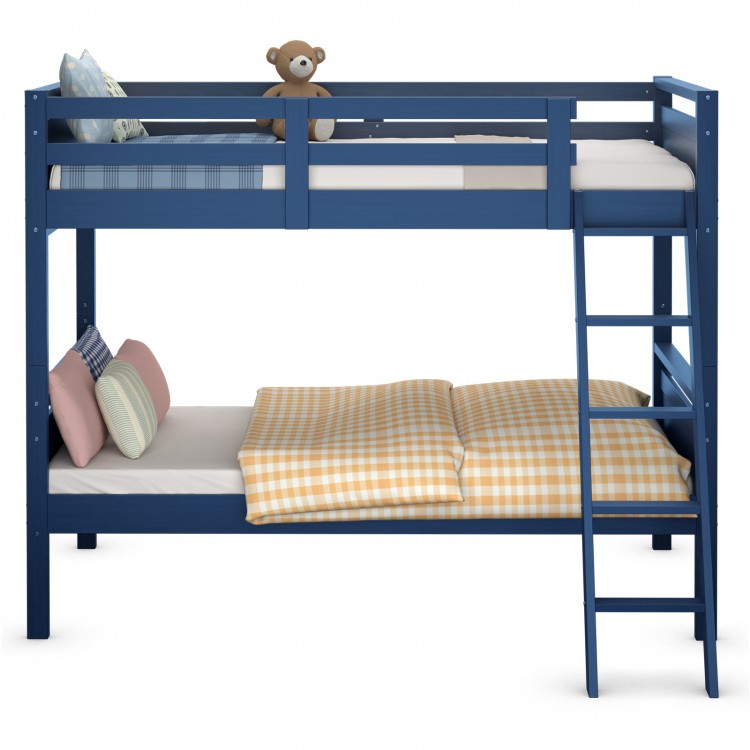 Navy twin over twin bunk bed with guardrails and ladder, convertible to two individual beds for children's rooms.