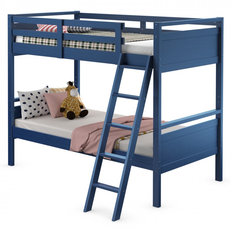 Twin over twin bunk bed in navy with a sturdy wooden frame, featuring a ladder and high guardrails for safety.