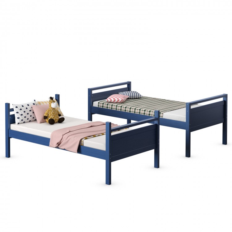 Navy twin over twin bunk bed convertible into two individual beds, featuring high guardrails and a sturdy frame for.