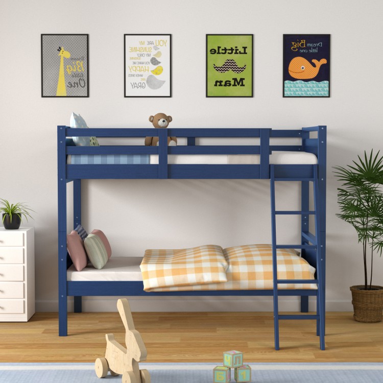 Navy twin over twin bunk bed with a spacious under-bed storage area, ideal for children's rooms and maximizing space.