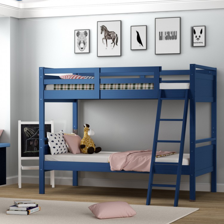 Wooden twin over twin bunk bed in navy with a simple design, featuring a sturdy frame and inclined ladder for easy.