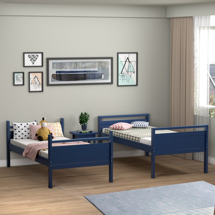 Navy twin over twin bunk bed convertible into two individual beds, featuring high guardrails and a sturdy design for.