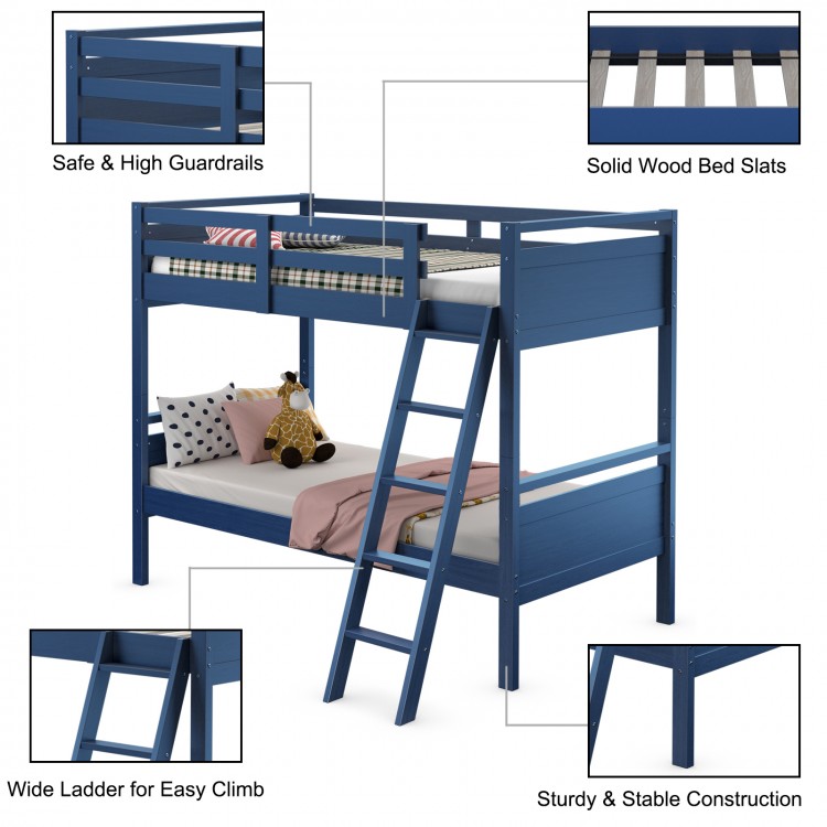 Navy twin over twin bunk bed with high guardrails, sturdy wood slats, and wide ladder for safe climbing and versatile.