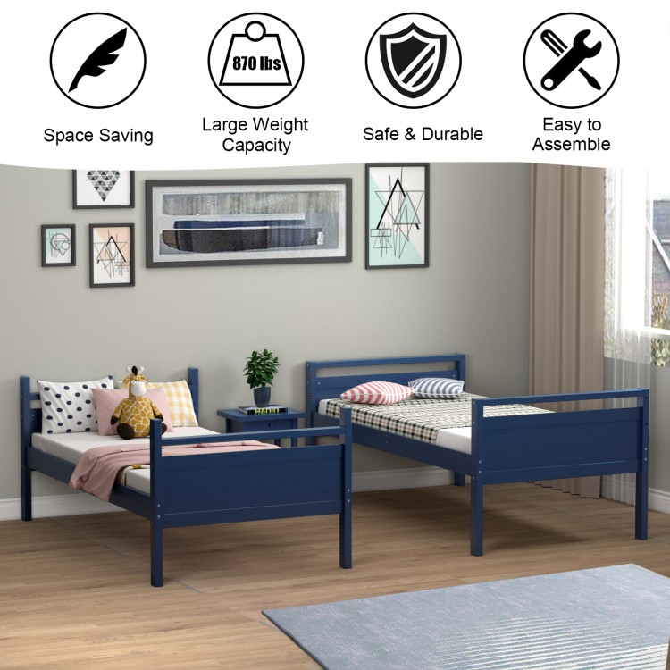 Twin over twin bunk bed in navy, crafted from durable wood, convertible to two individual beds for versatile use.