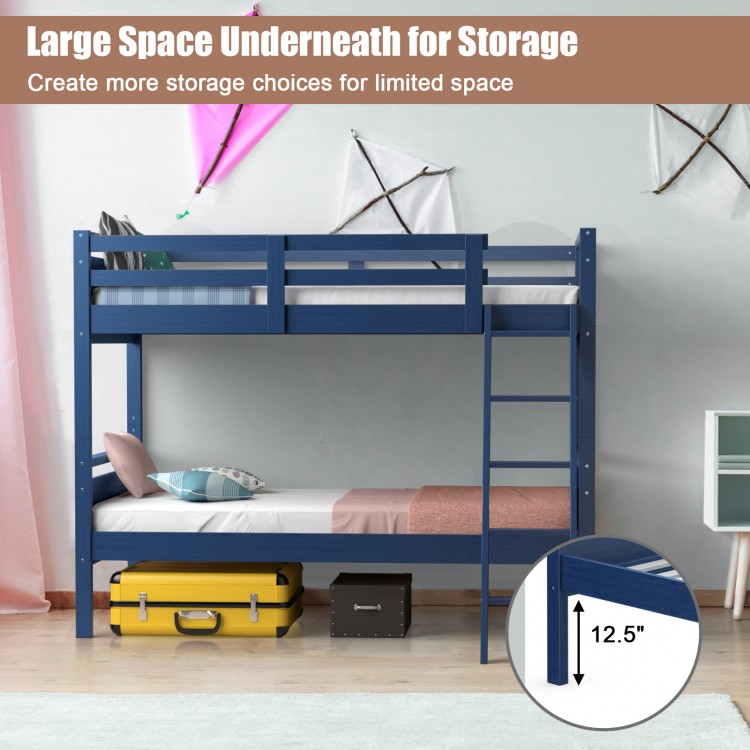 Twin over twin bunk bed in navy with high guardrails and large storage space underneath for versatile use in limited.